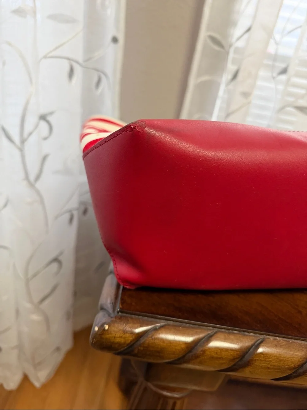 Michael Kors Red and Cream Striped Canvas Tote with Gold MK Emblem